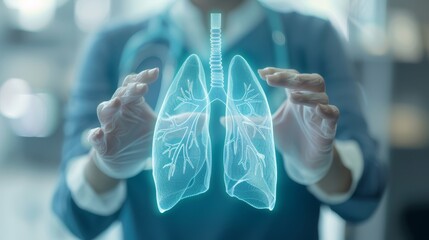 Advanced Lung Health Education in Modern Clinic Setting with Holographic Model Demonstration in Blue Tones