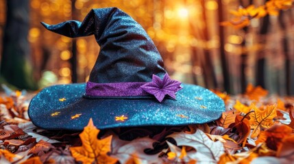 A magical witch hat blends with autumn leaves in a serene woodland