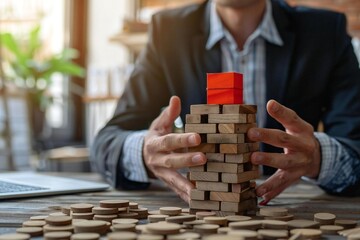 Beautiful businessman holding a red core values block under a wooden tower at table.