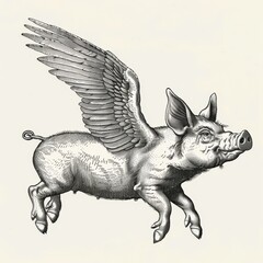 Fototapeta premium Vintage black and white hand drawn illustration of a flying pig
