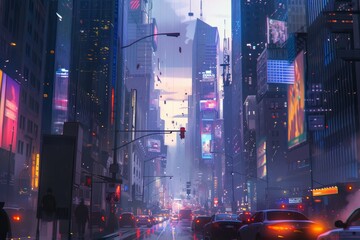 Obraz premium city street with cars and people on it, bustling cityscape with skyscrapers, traffic, and pedestrians on busy streets