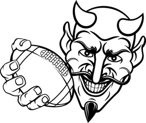 A devil or satan American football sports mascot cartoon character holding a ball