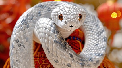 Fototapeta premium A shimmering silver snake rests gracefully, surrounded by vibrant decorations