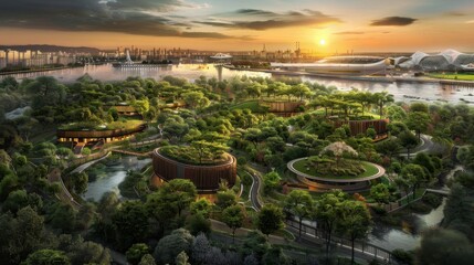 Fototapeta premium A city with a large body of water in the background