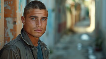 A young man gazes thoughtfully while leaning against a textured wall