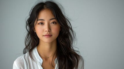 Naklejka premium A young woman gazes softly, her hair gently cascading around her face