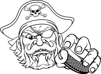 A pirate hockey sports mascot cartoon character holding a puck