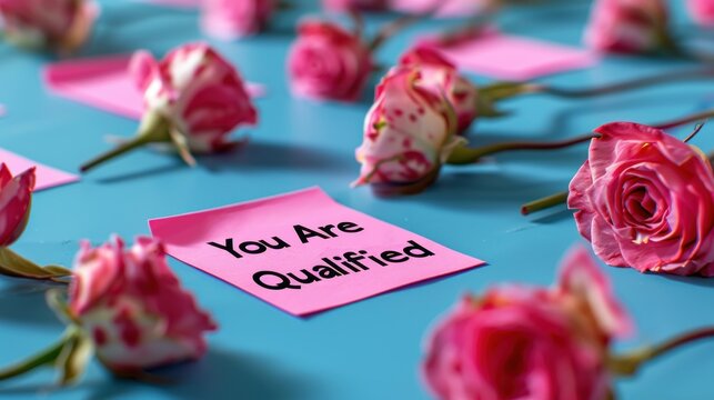 Delicate roses surround a cheerful note declaring qualifications and achievements