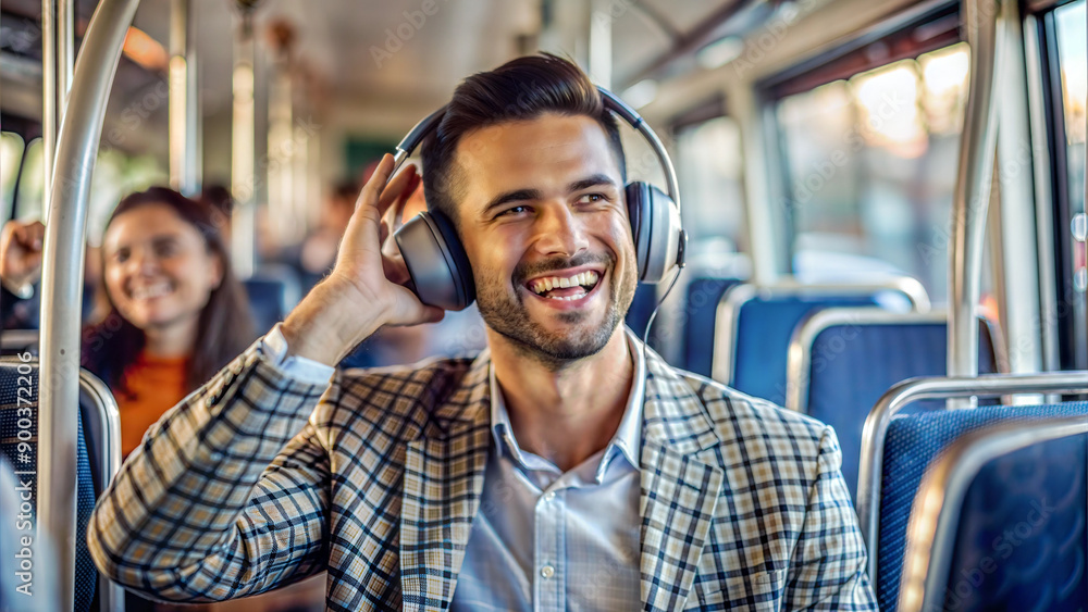 Wall mural Handsome young man listening to music on headphones while travelling by bus