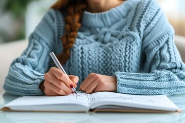 Beautiful person writing their workout plan in a checkered pattern notebook.
