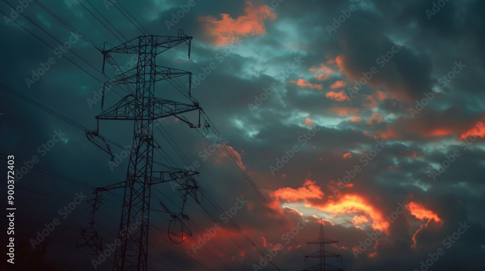 Poster Image of power lines against a cloudy sky, suitable for use in infrastructure or environmental contexts