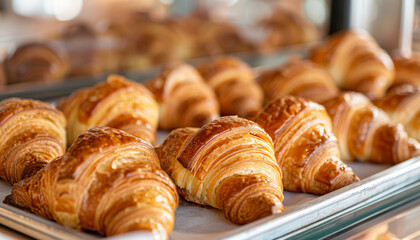 A closeup view of several golden brown croissants on a baking sheet