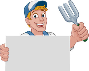 A gardener, farmer or handyman cartoon mascot man holding a gardening tool