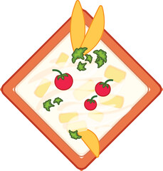 Creamy soup with potatoes, tomatoes and herbs being served in a square bowl, perfect for a warm and comforting meal