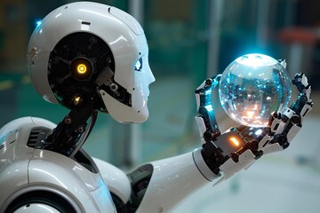 Beautiful close-up of a robot's hand predicting the future with a crystal ball on a virtual background.