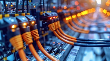 Brightly lit cables intertwine, powering technology in a bustling server environment
