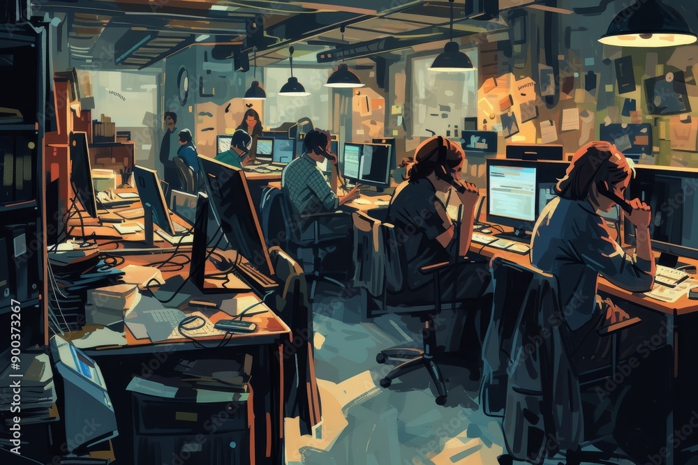 Aufkleber large room filled with people working on computers, bustling office environment with employees typin