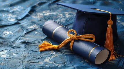 A blue graduation cap rests beside a neatly rolled diploma tied with gold cord
