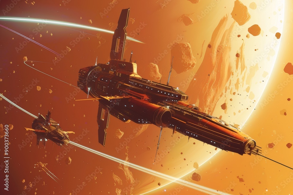 Poster spaceship flying through space with planet in the background, bustling space station orbiting distan