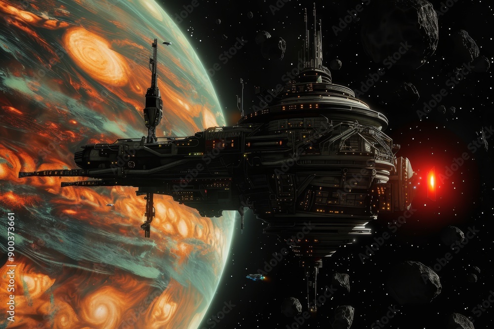 Poster spaceship flying through space with planet in the background, bustling space station orbiting distan