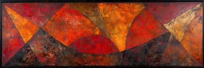 Abstract modern painting featuring geometric shapes in red, orange, and yellow tones, perfect for contemporary decor and artistic expression.