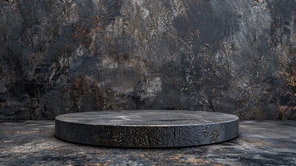 Dark textured round stone podium backdrop, perfect for product display and presentations in industrial or grunge themes.