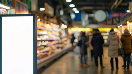 Obraz premium Blank advertising board in shopping mall. Mockup for design. Blurred backdrop with shelves and people. Generative AI