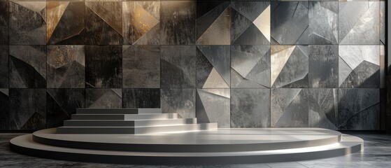 Modern, minimalist stage with geometric wall in gray tones, ideal for presentations, events, and product showcases in contemporary setting.