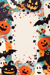 Halloween menu template featuring pumpkins, ghosts, bats, and candy with space for custom text