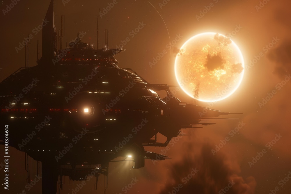 Poster spaceship flying through space with planet in the background, bustling space station orbiting distan