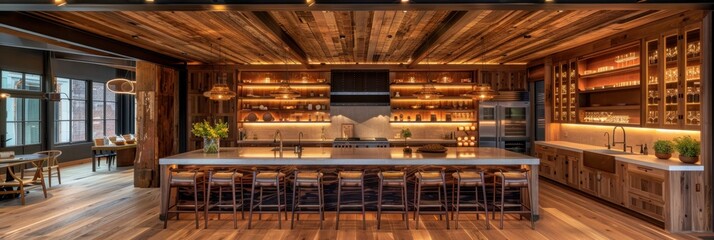Modern rustic kitchen with wooden textures, ample lighting, a large island, and dining area. Cozy ambiance perfect for cooking and gathering.