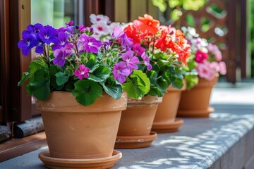 Obraz premium Photo of Assorted colors geranium flower in flower pot on the front porch, Generative AI