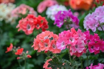 Photo of Assorted colors geranium flower in front garden , Generative AI