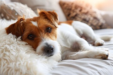 Cute Puppy Relaxing on Cozy Bed in Sunlit Room, Perfect for Pet-Themed Designs, Posters, and Print