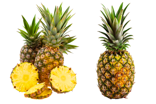 Sliced pineapple, ananas splash floating in air isolated in transparent background png for packaging, poster, nutrition label, fresh ripe yellow tropical pine apple 