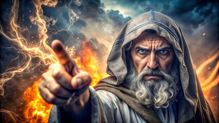An old prophet and messenger of God pointing the finger and warning people of their mistakes