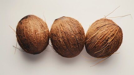 Three Whole Coconuts on a White Background.