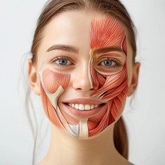 Fototapeta premium Young Woman Smiling with Half Face Muscle Anatomy