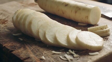 Freshly Sliced Daikon Radish on a Cutting Board.