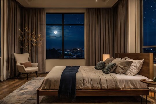 badroom at night with big window and fullmoon