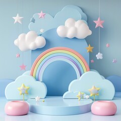 3D Podium for Baby Products with Blue Sky and Clouds
