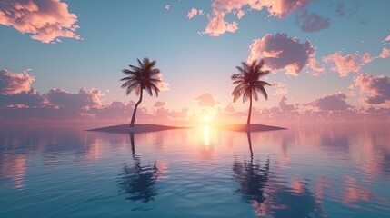 Serene Tropical Sunset Over a Calm Ocean Featuring Two Palm Trees - Perfect for Travel and Nature Themes