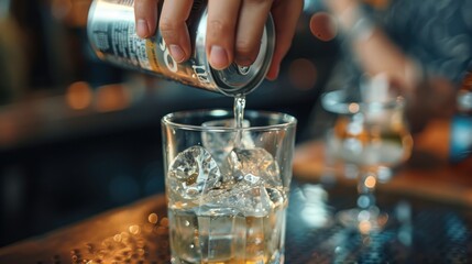 A close-up of hands pouring a canned drink from the Middle East into a glass with ice