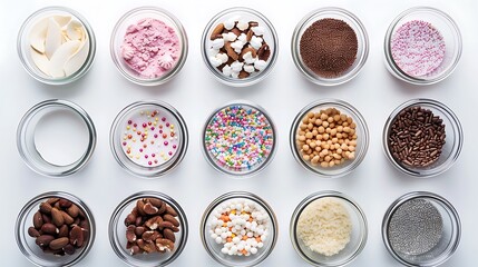 Assortment of various toppings in glass bowls.