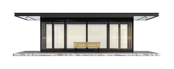 Modern architectural design featuring a sleek glass facade and inviting bench for relaxation.