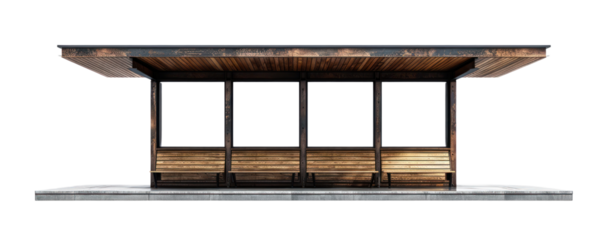 Modern bus stop shelter with wooden seating and sleek design, ideal for urban commuting and public transport settings.