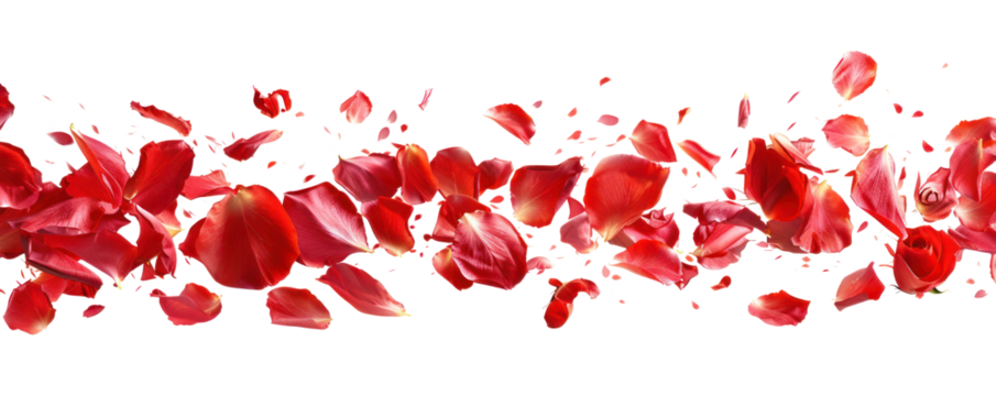 Vibrant red rose petals scattered gracefully, symbolizing love and passion, perfect for seasonal decorations or romantic themes.