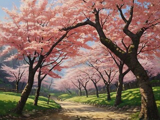 cartoon sakura trees background landscape