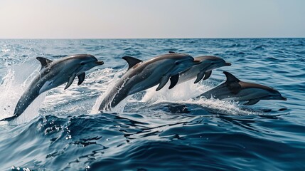 Fototapeta premium Group of dolphins jumping from the sea