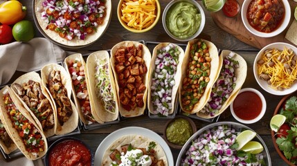 A delicious Mexican taco spread with various fillings and toppings